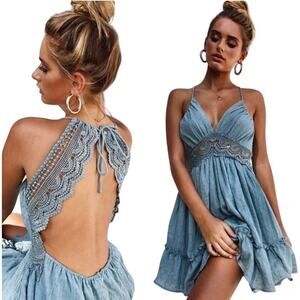 Hello Molly Crochet Detail Mini Swing Dress Halter Open Back V Neck Turquoise XS